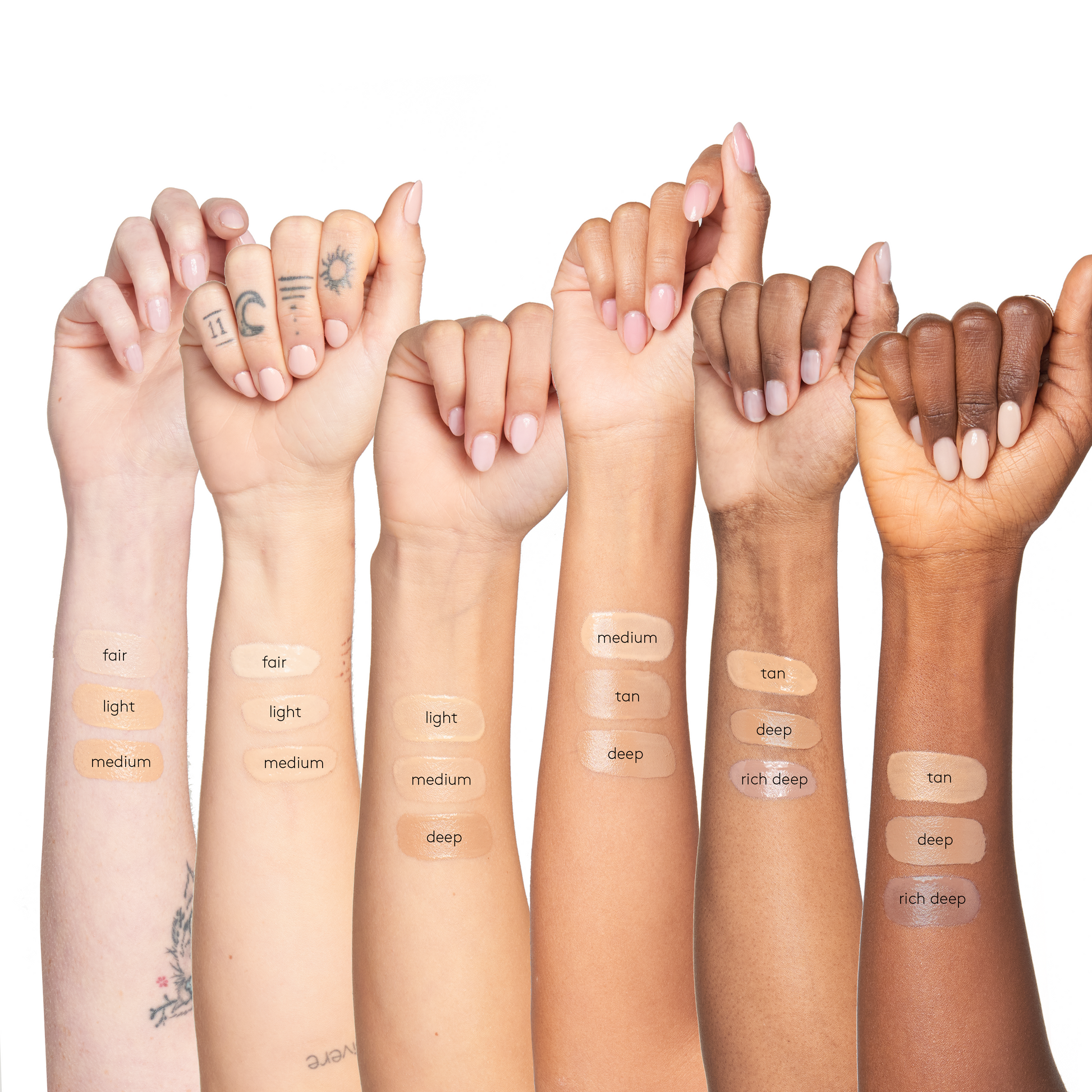 Face Shield Flex arm swatches across skin tones including Rich Deep